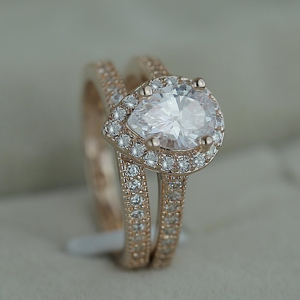 💎 Elegant Beautiful Pear Micro Pave Water Drop Rose Gold Ring Set Women, VIP393 - Picture 2 of 4